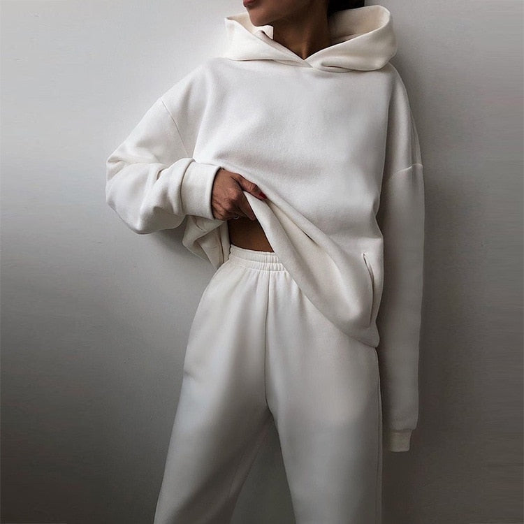 Women Tracksuit Casual Fitness Hooded Long Sleeve Sport Suit Autumn Winter Warm Hoodie Sweatshirts Long Pant Fleece 2 Piece Sets